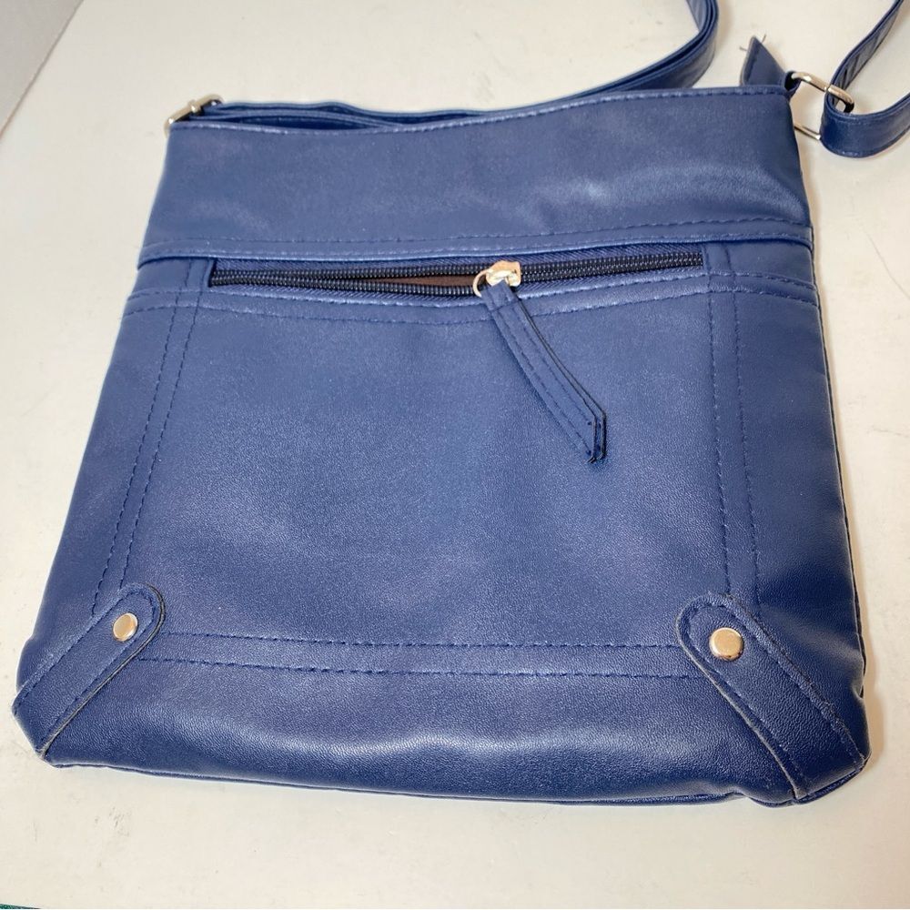 Leather Navy Blue Crossbody Purse Bag Silver Hardware 10” x 10” NWOT - Picture 4 of 6